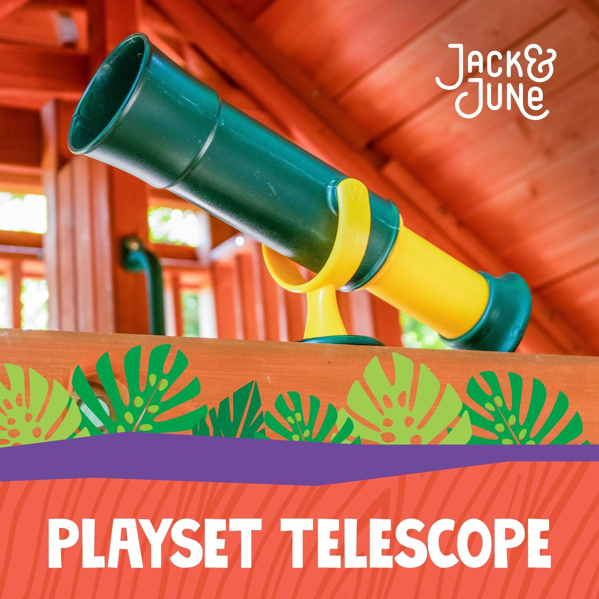 Jack and June green and yellow toy telescope highlighting the 360-degree swivel base attachment