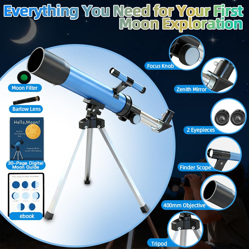 Luzsco refractor telescope for kids showing the interchangeable six millimeter and twenty millimeter eyepieces