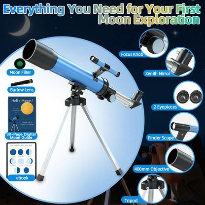 Luzsco refractor telescope for kids showing the interchangeable six millimeter and twenty millimeter eyepieces