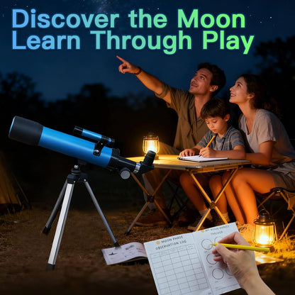 Luzsco kids telescope set display highlighting the premium Barlow lens and educational components