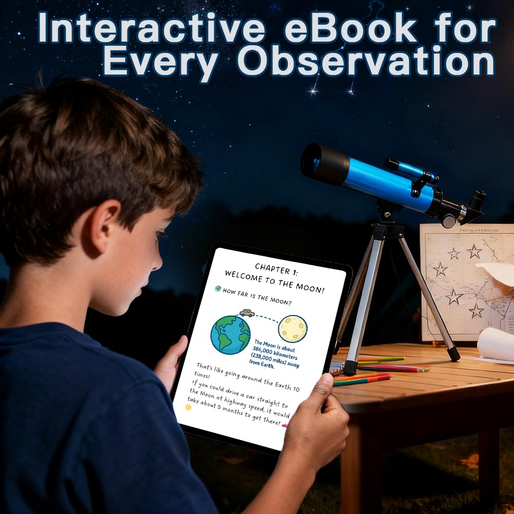 Luzsco portable stargazing telescope setup for children illustrating the light tracking finderscope mechanism