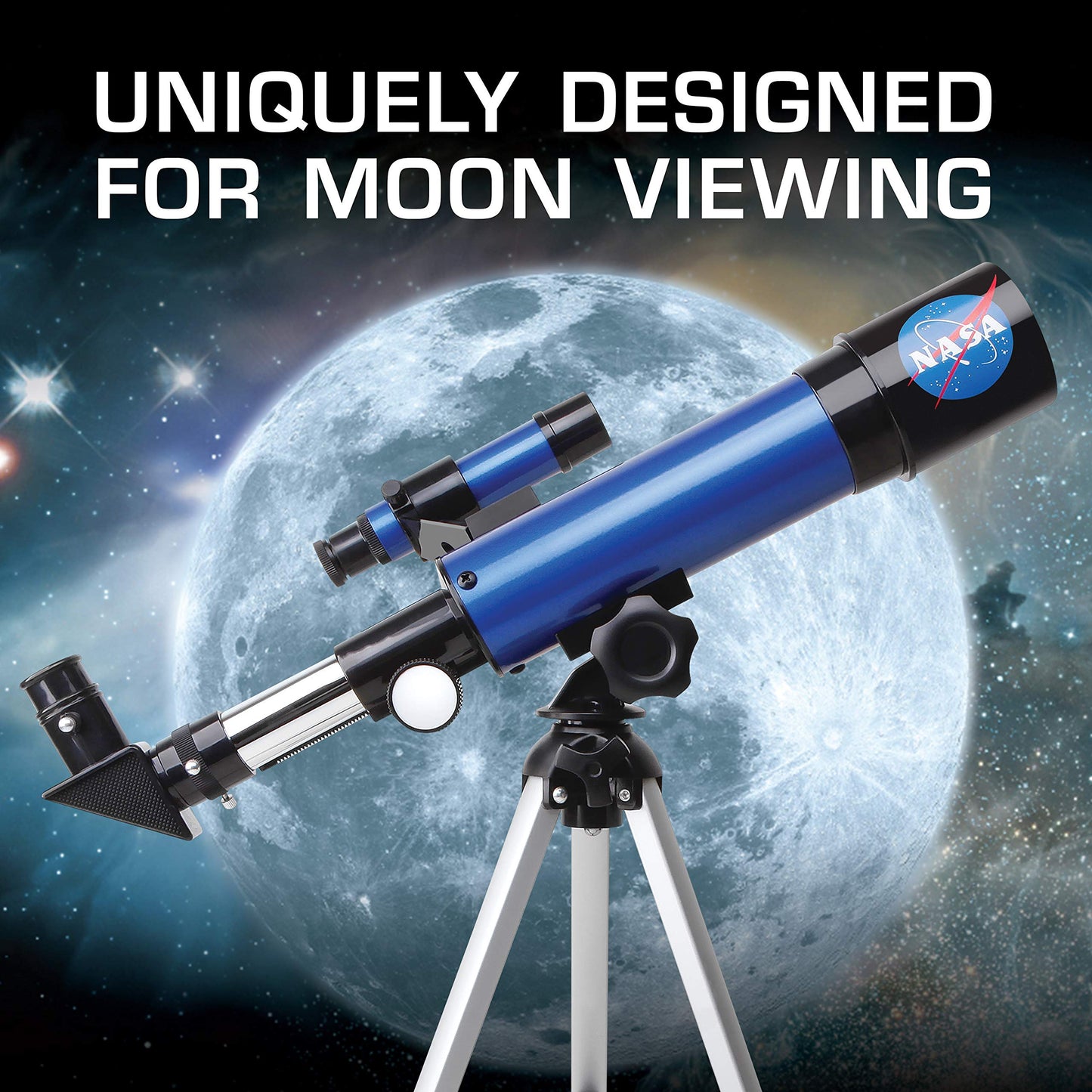 Blue Marble beginner astronomy telescope showing two interchangeable low and high power eyepieces