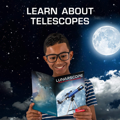 Young scientist adjusting the focus knob on the Blue Marble astronomy beginner telescope