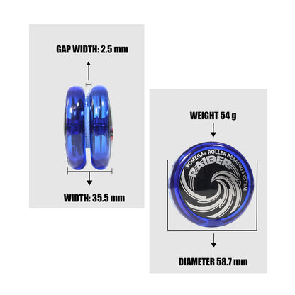 Blue Yomega Raider yoyo showing starburst return system