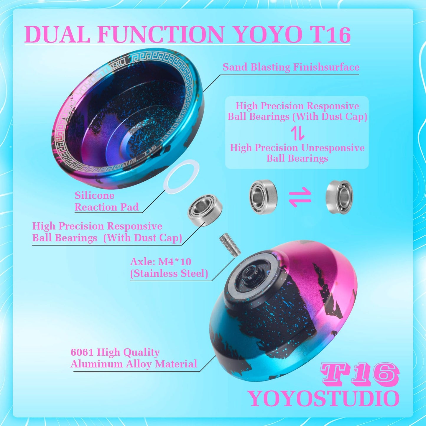Side profile of Yoyostudio T16 blue and black galaxy yoyo