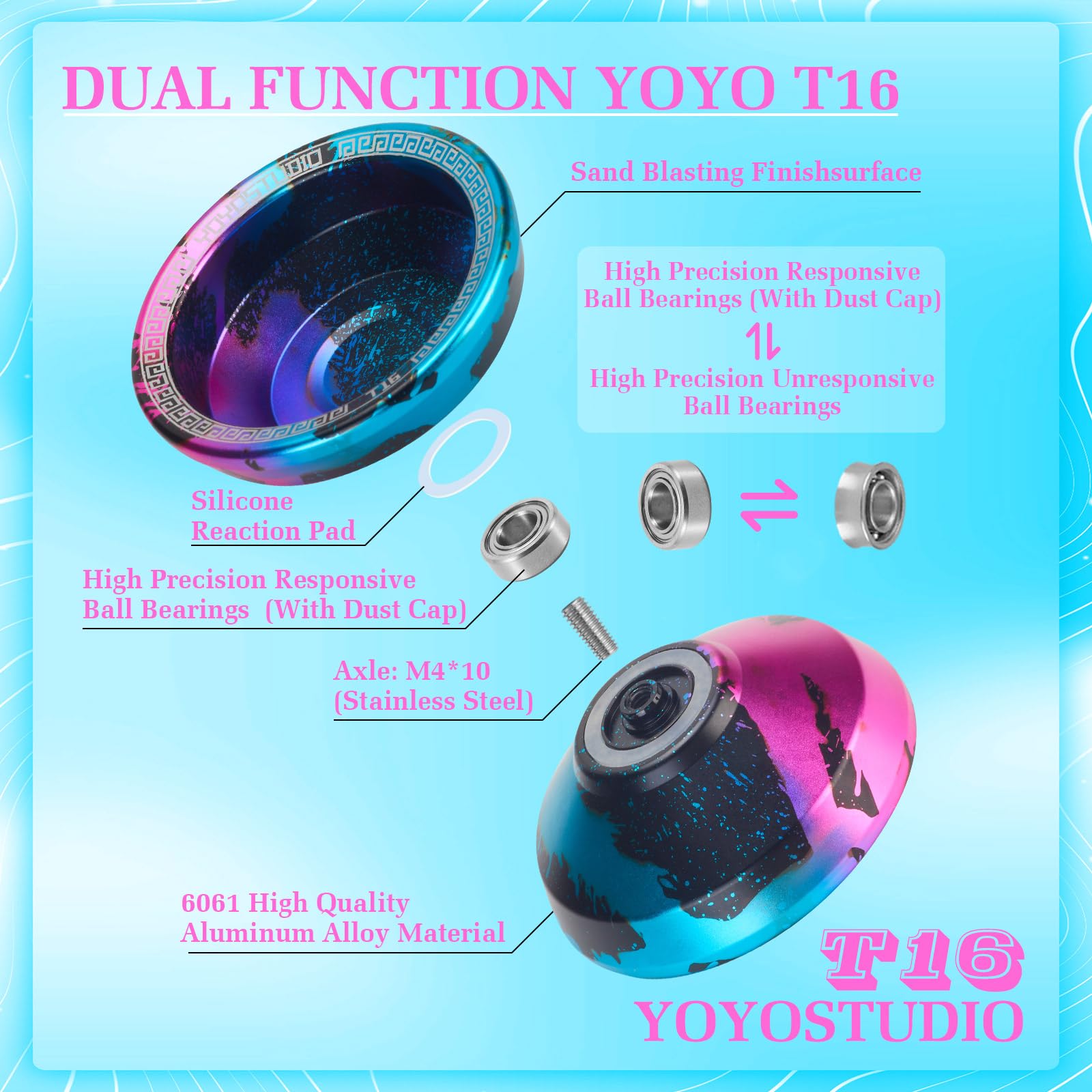 Side profile of Yoyostudio T16 blue and black galaxy yoyo