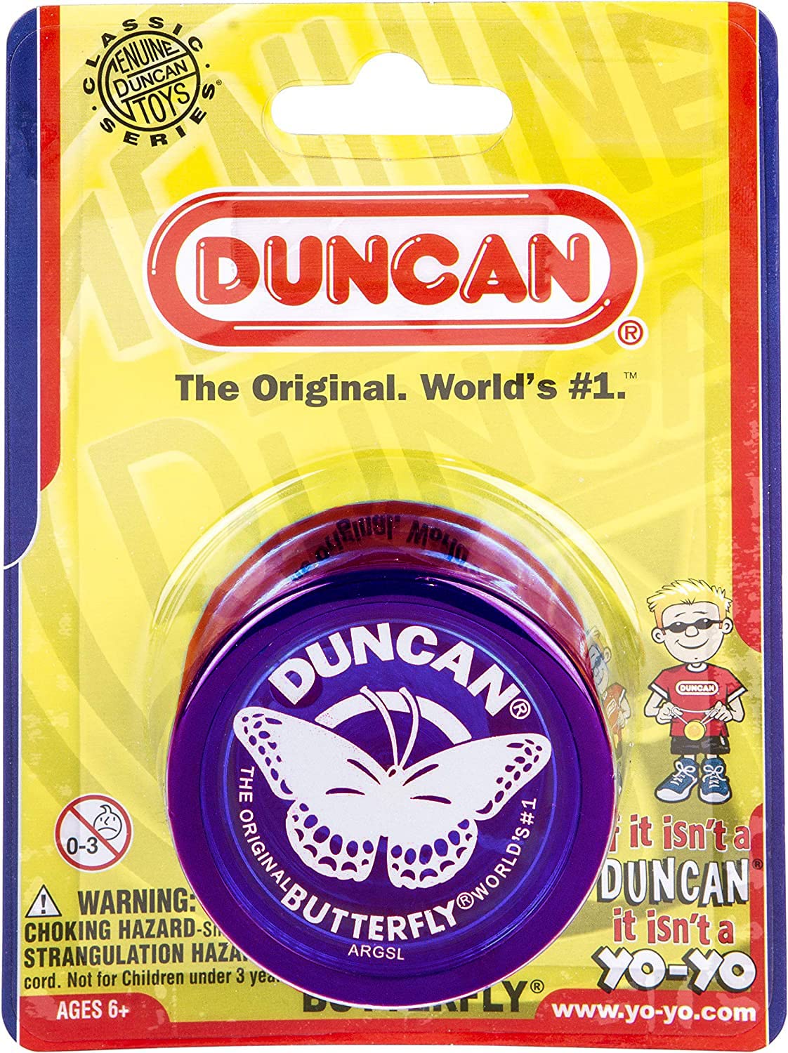 Side profile of purple Duncan Butterfly Yo-Yo showing flared body design