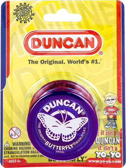 Side profile of purple Duncan Butterfly Yo-Yo showing flared body design