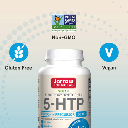 Close up of Jarrow Formulas 5-HTP bottle packaging