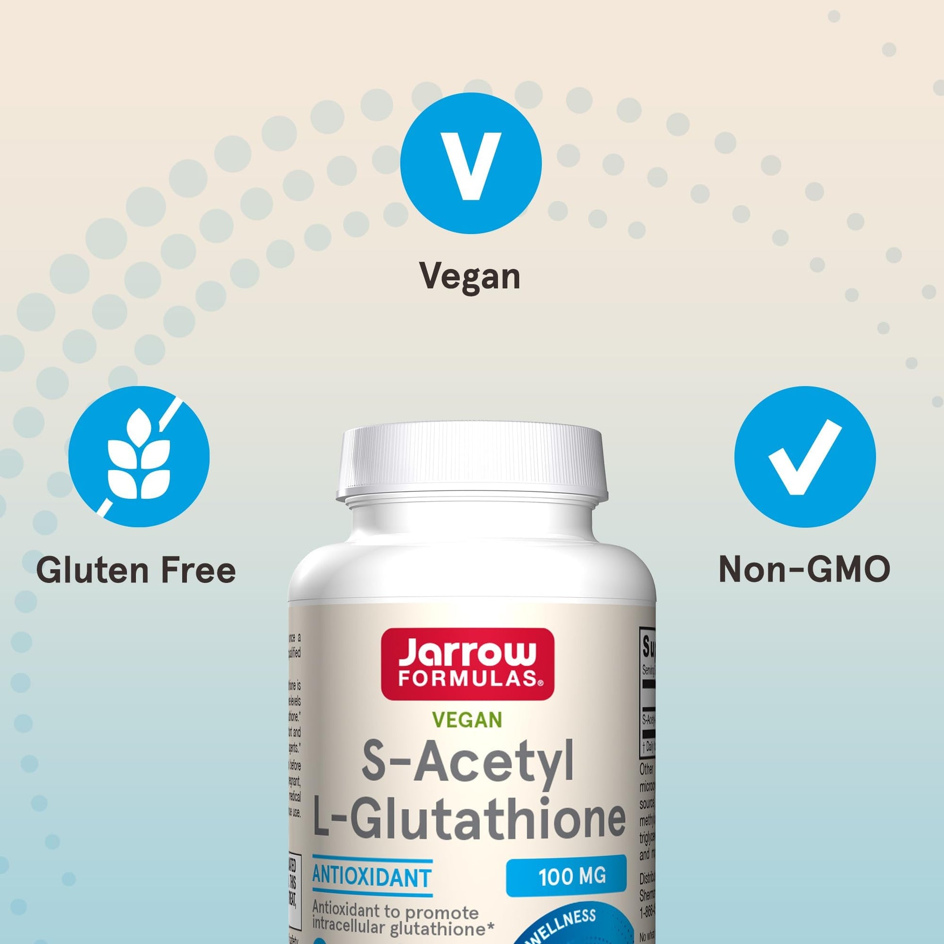 Close up of Jarrow Formulas glutathione dietary supplement bottle