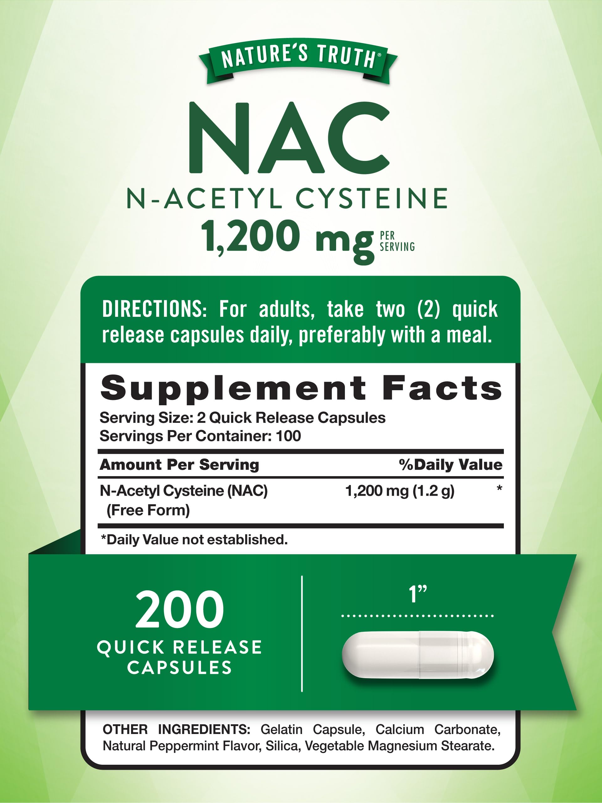 Nature's Truth N-Acetyl Cysteine supplement bottle displaying non-GMO and gluten-free certifications
