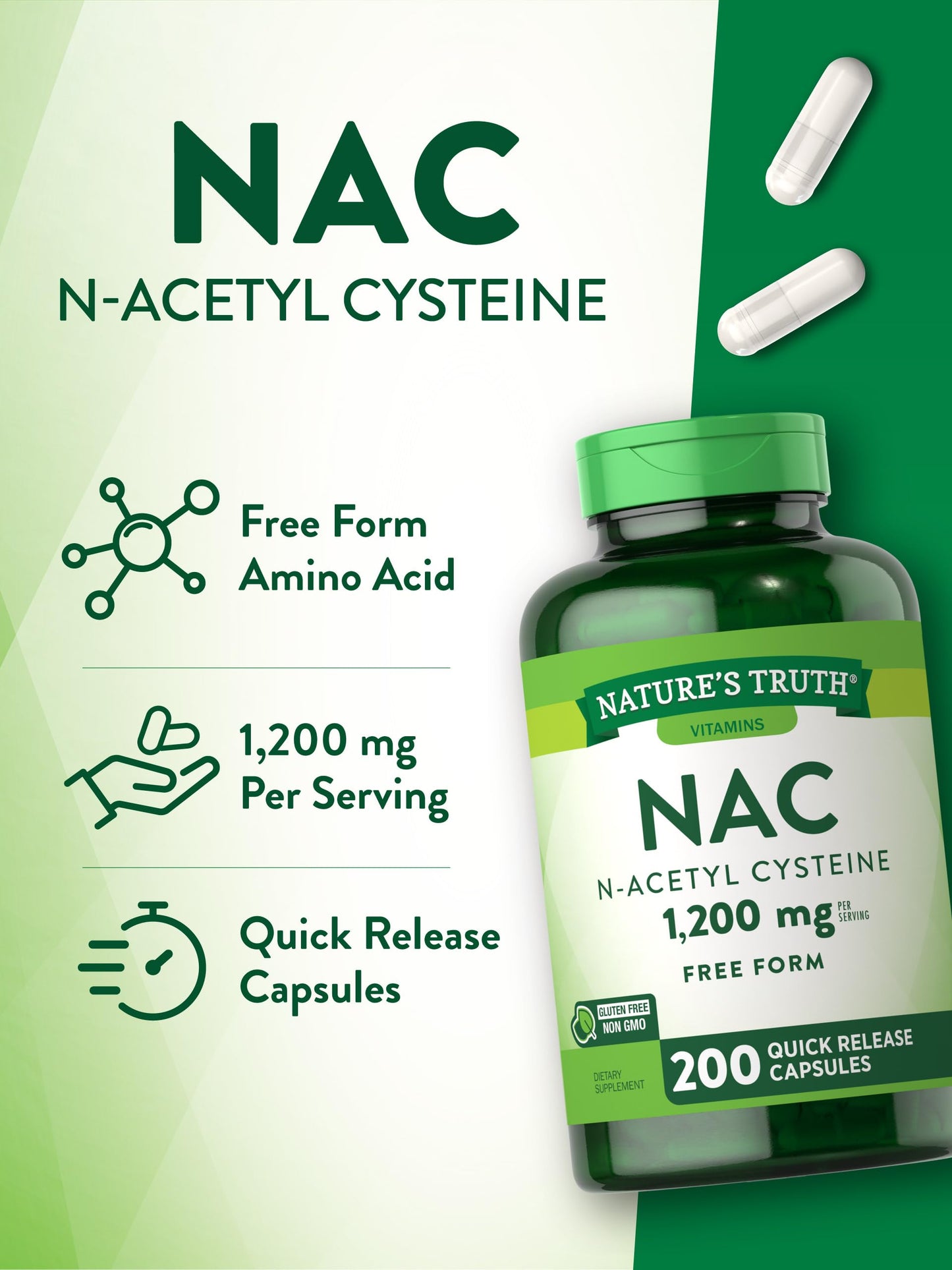 Close-up of the authentic imported capsule details for N-Acetyl Cysteine by Nature's Truth