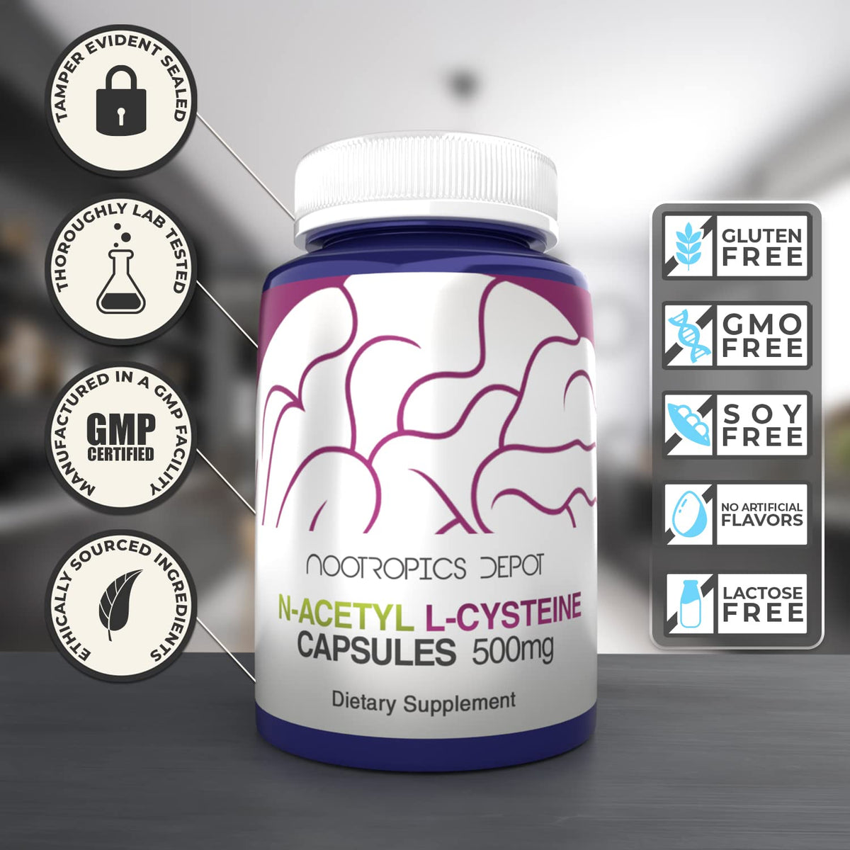 Nutritional supplement bottle displaying purity and lab testing details