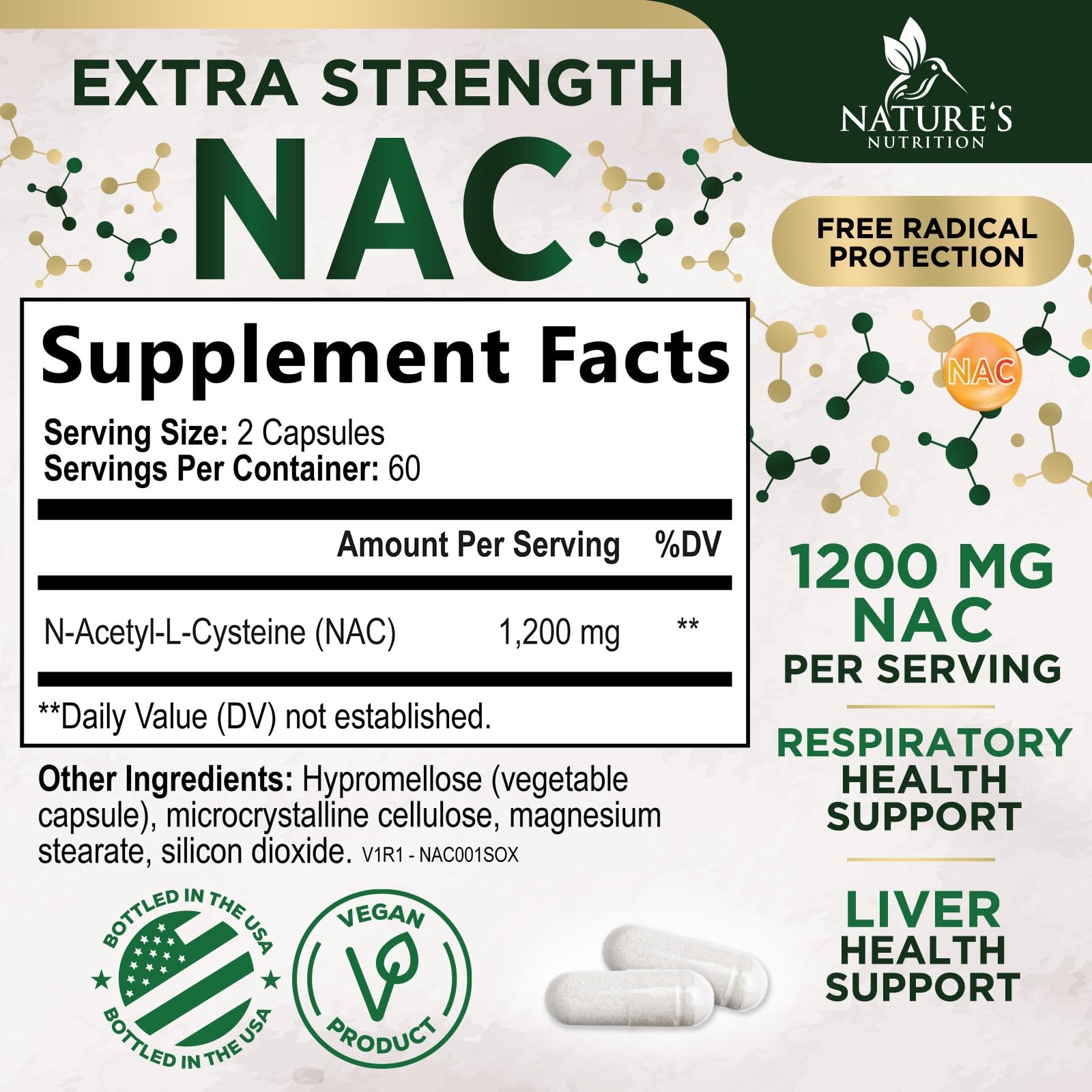 Nature's Nutrition N-Acetyl L-Cysteine 120 capsules label showing supplement facts