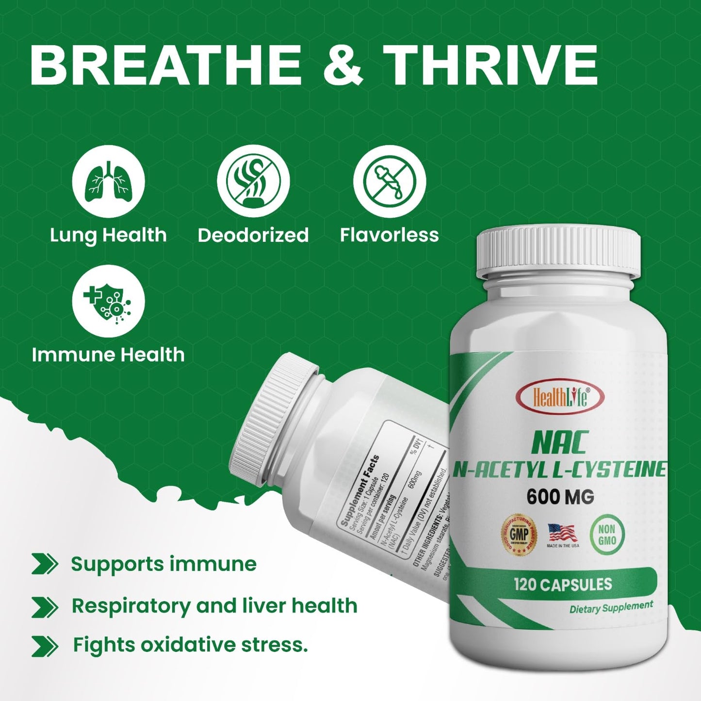 HealthLife NAC 120 capsules dietary supplement side label displaying ingredient facts