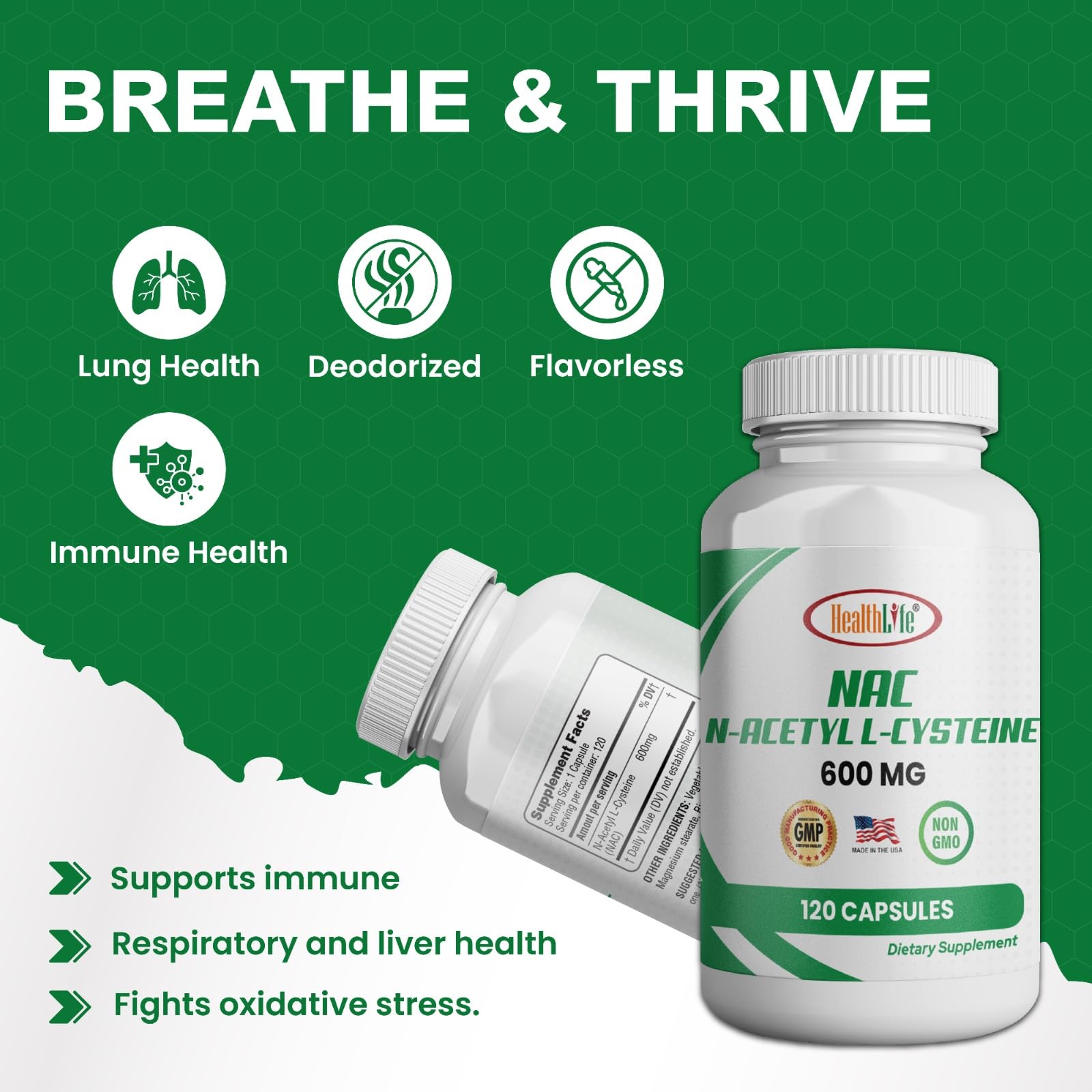 HealthLife NAC 120 capsules dietary supplement side label displaying ingredient facts