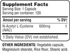 Back label of HealthLife N-Acetyl L-Cysteine detailing nutritional information