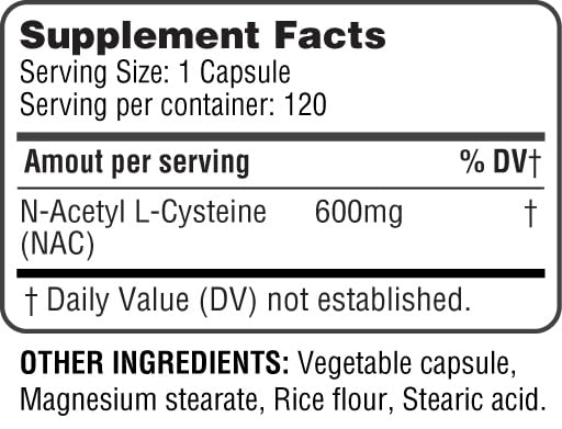 Back label of HealthLife N-Acetyl L-Cysteine detailing nutritional information