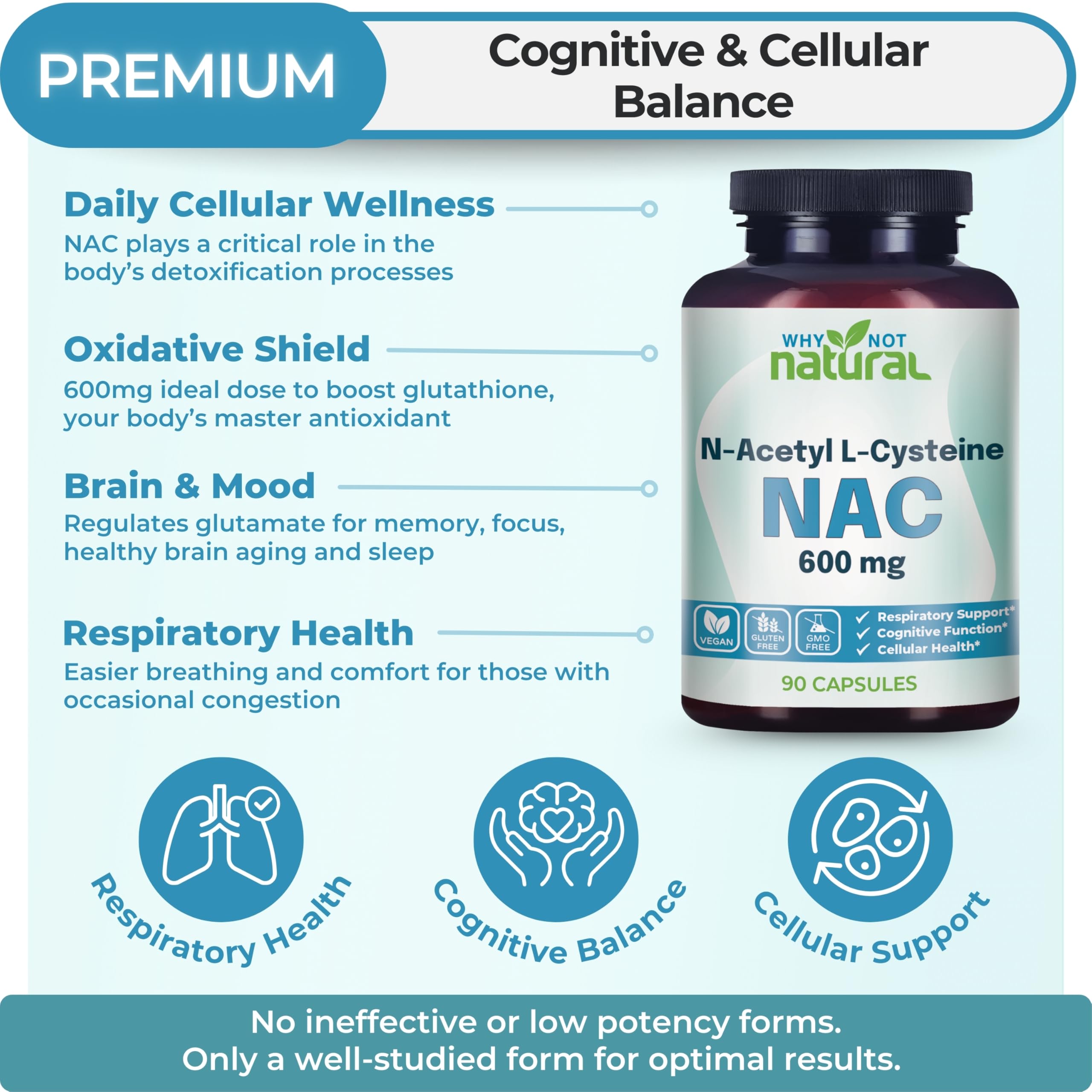 Side view of N-Acetyl L-Cysteine supplement bottle highlighting vegan and non GMO seals