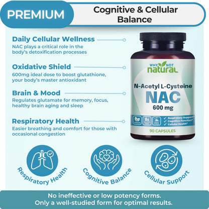 Side view of N-Acetyl L-Cysteine supplement bottle highlighting vegan and non GMO seals