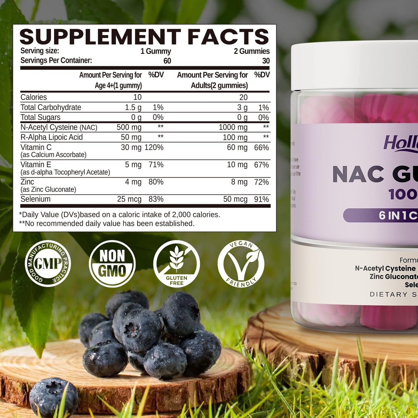 Hollegend N Acetyl Cysteine 1000mg sugar free chewable tablets nutritional label