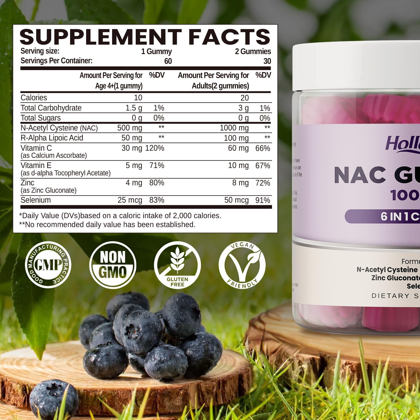 Hollegend N Acetyl Cysteine 1000mg sugar free chewable tablets nutritional label