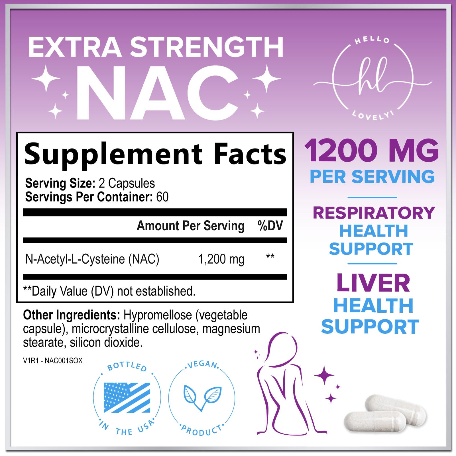 Hello Lovely N-Acetyl-L-Cysteine 1200 milligram dietary supplement label details