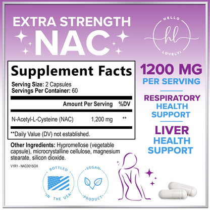Hello Lovely N-Acetyl-L-Cysteine 1200 milligram dietary supplement label details