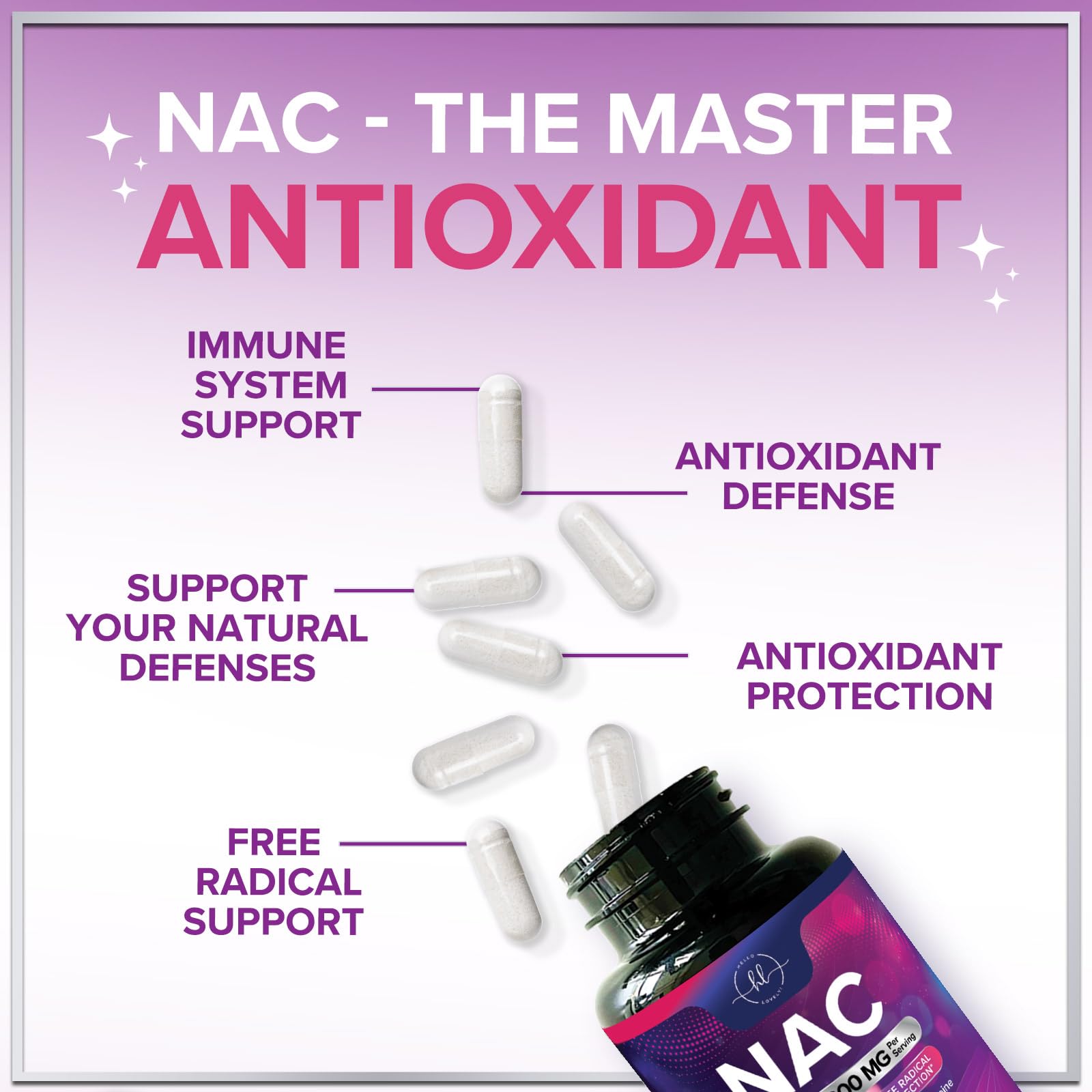 Hello Lovely brand purple and pink bottle showing 120 capsules count