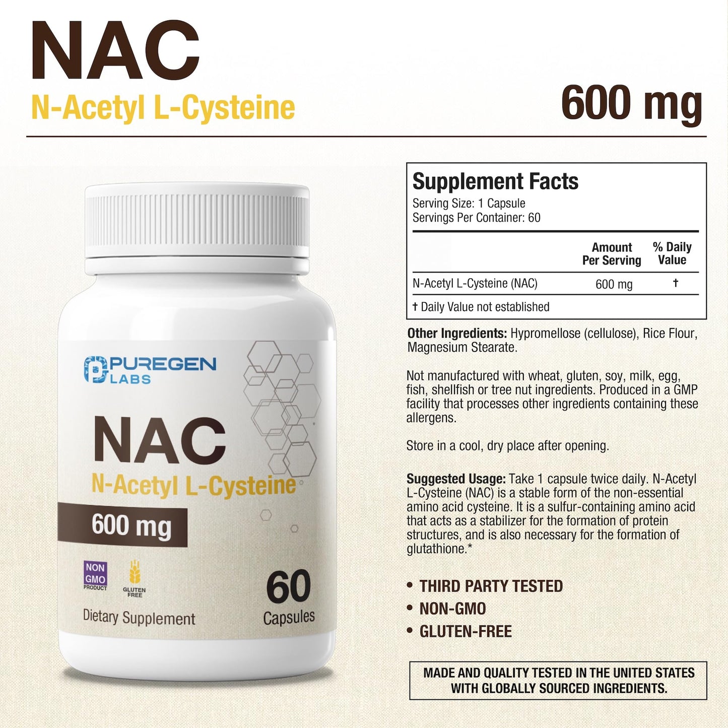 Puregen Labs NAC 600 mg supplement label showing vegetarian and non-GMO certifications.