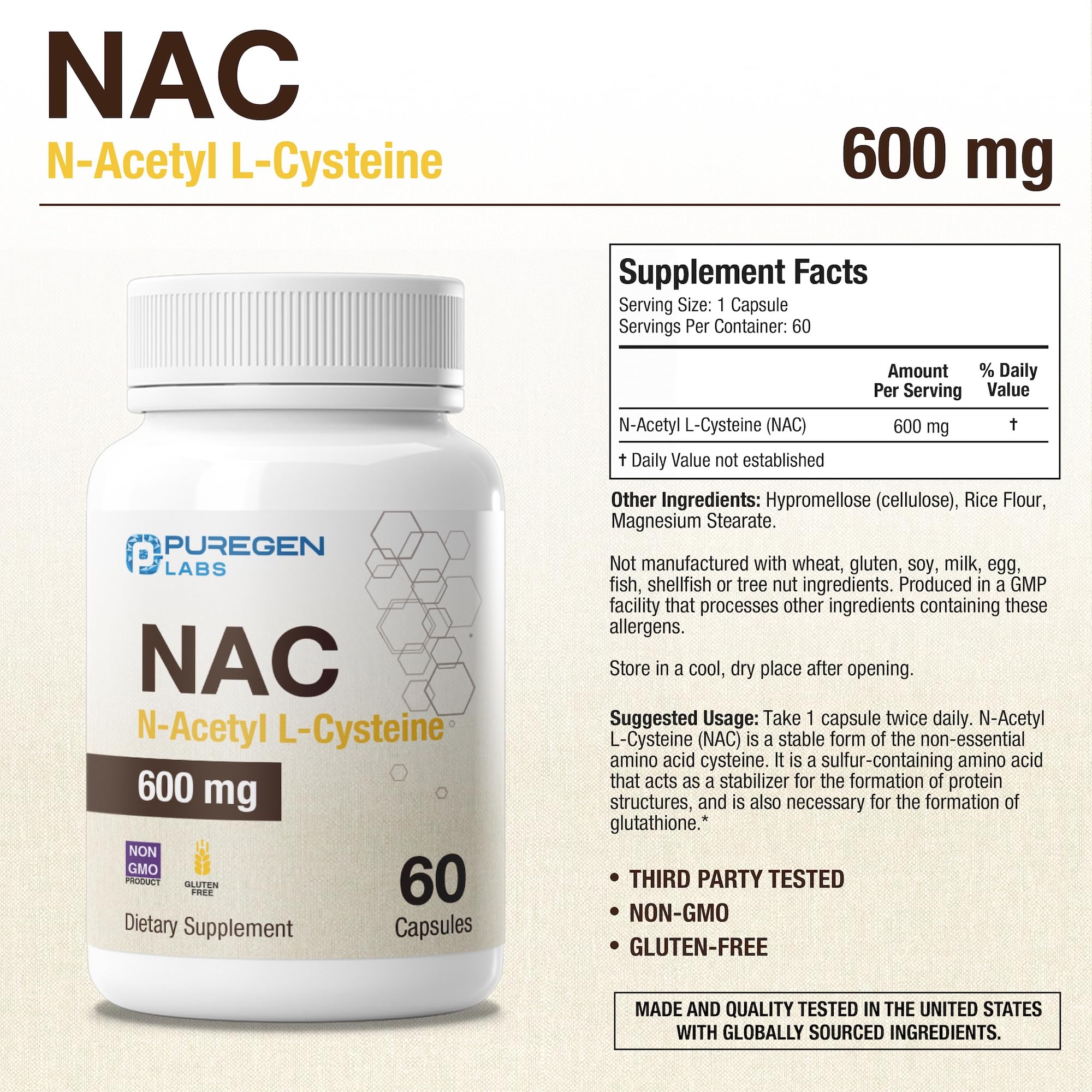 Puregen Labs NAC 600 mg supplement label showing vegetarian and non-GMO certifications.