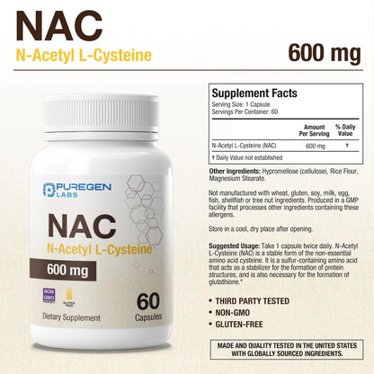 Puregen Labs NAC 600 mg supplement label showing vegetarian and non-GMO certifications.