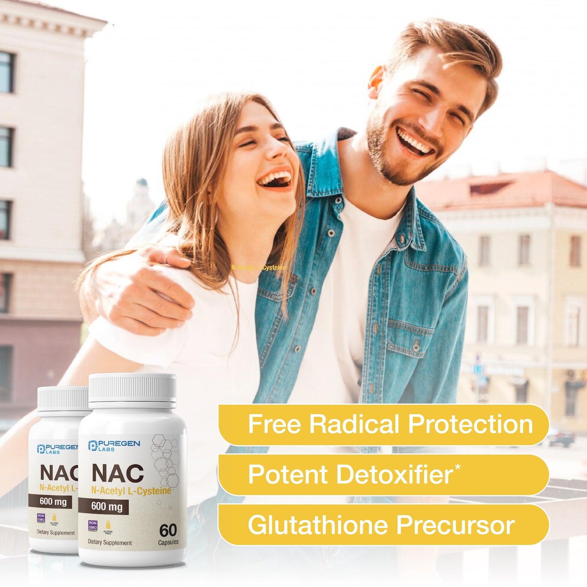 Puregen Labs glutathione precursor NAC 600mg bottle showcasing clean dietary ingredients.
