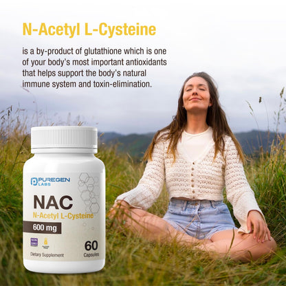 Puregen Labs American imported N-Acetylcysteine 600mg easy to absorb capsules bottle lifestyle layout.