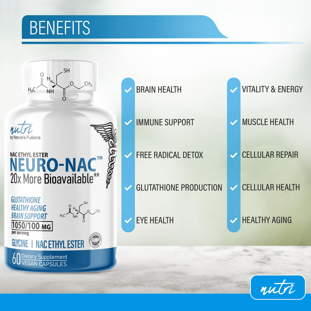 Close up of Nature's Fusions Neuro NAC supplement packaging and branding