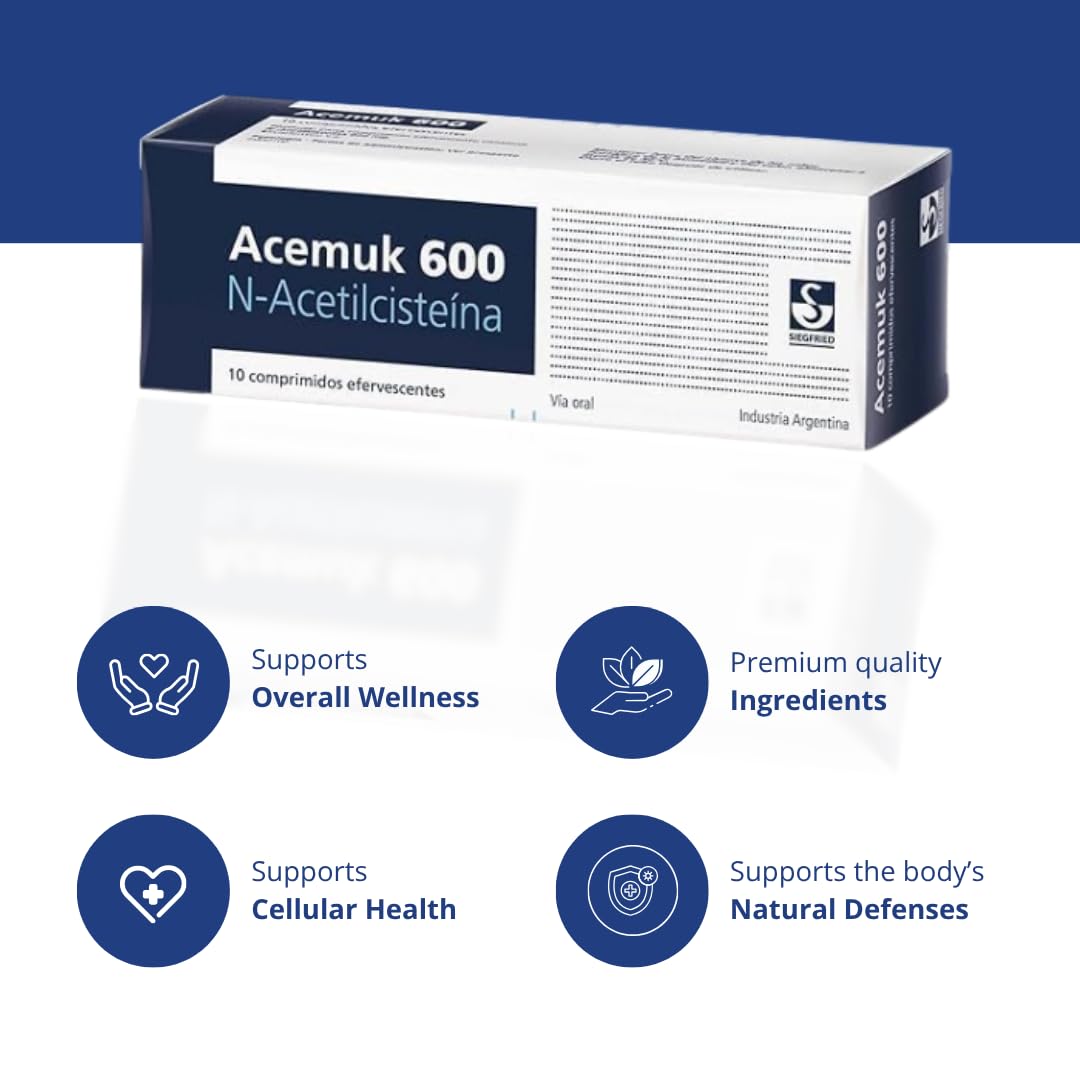 Acemuk 600 antioxidant and glutathione support supplement box detail featuring blackberry flavor description