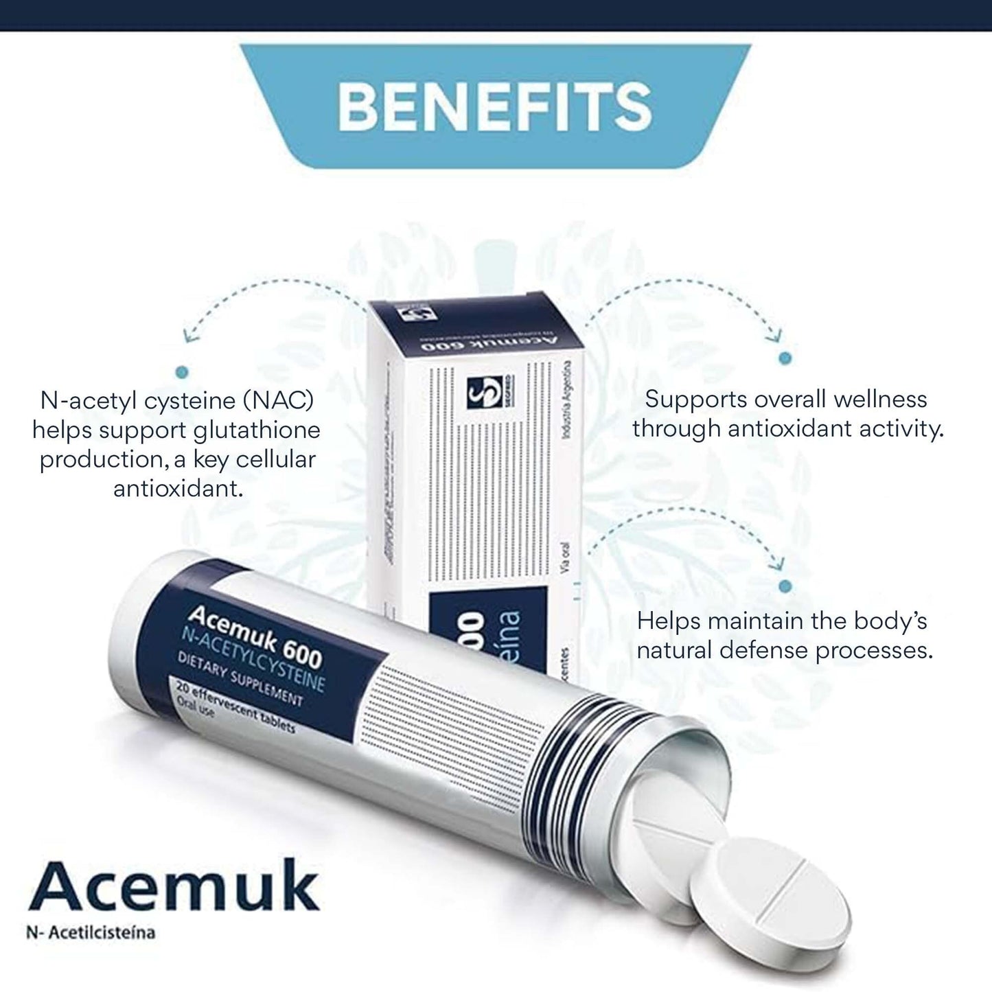 Side profile of imported Acemuk N-Acetylcysteine pack detailing ingredients and 600mg dosage specifications