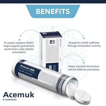 Side profile of imported Acemuk N-Acetylcysteine pack detailing ingredients and 600mg dosage specifications
