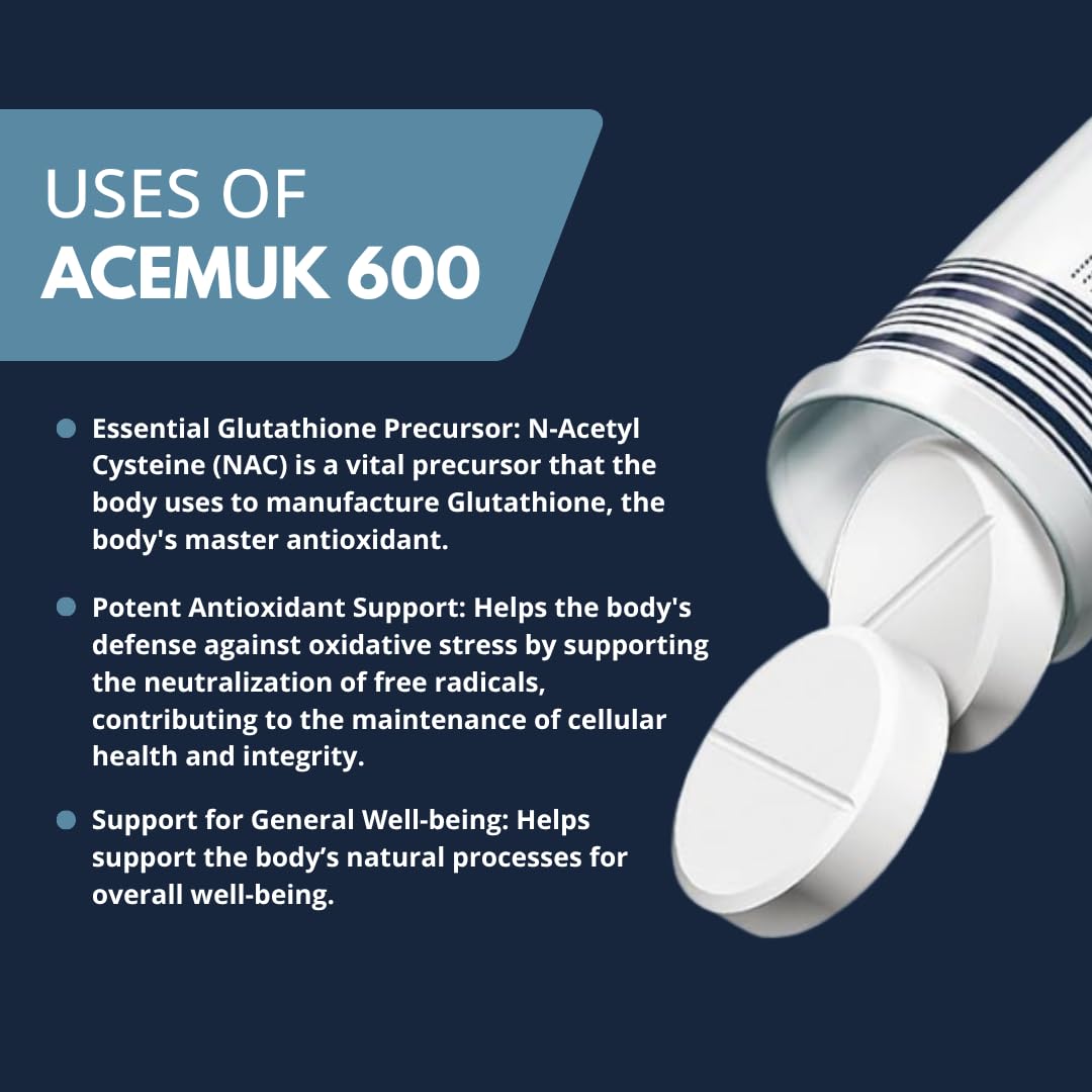 Acemuk 600 effervescent tablets tube display illustrating easy to absorb liver detox supplement features