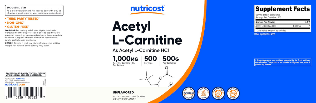 Nutricost Acetyl L-Carnitine powder product lifestyle layout