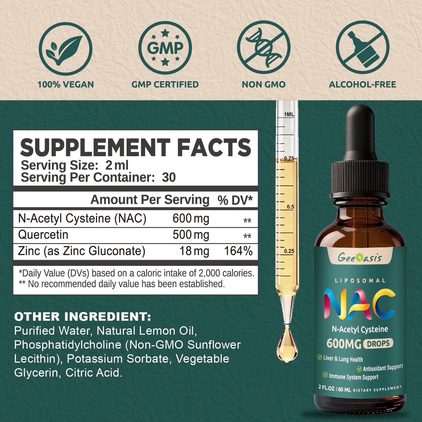 Geeoasis N-Acetyl Cysteine 600 mg drops packaging highlighting liver and lung support benefits.