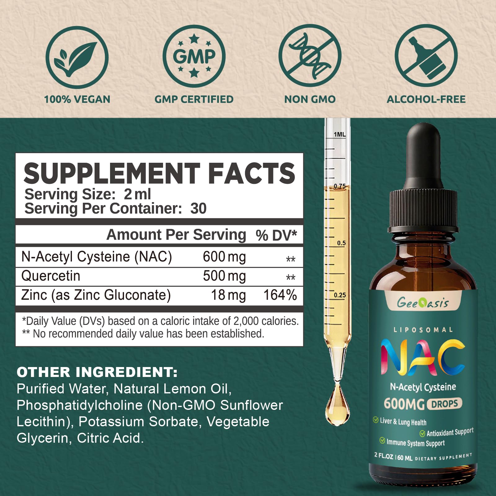 Geeoasis N-Acetyl Cysteine 600 mg drops packaging highlighting liver and lung support benefits.