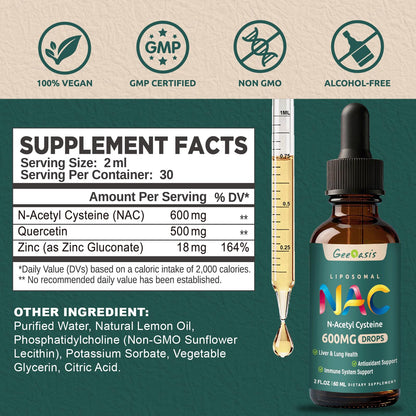 Geeoasis N-Acetyl Cysteine 600 mg drops packaging highlighting liver and lung support benefits.
