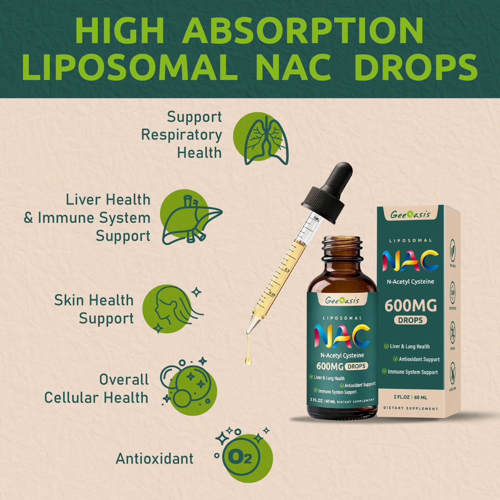 Side view of Geeoasis liposomal supplement bottle detailing the quercetin and zinc combination.