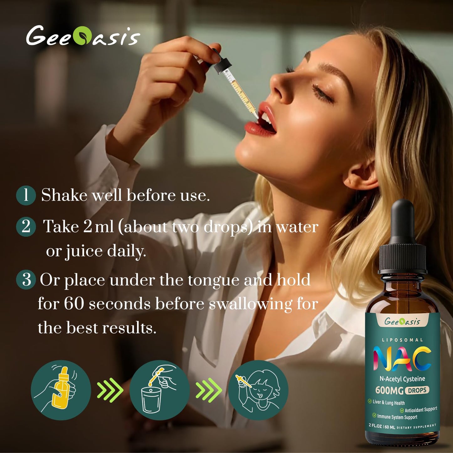 Geeoasis liquid antioxidant supplement showing its family-friendly dosing instructions on the label.
