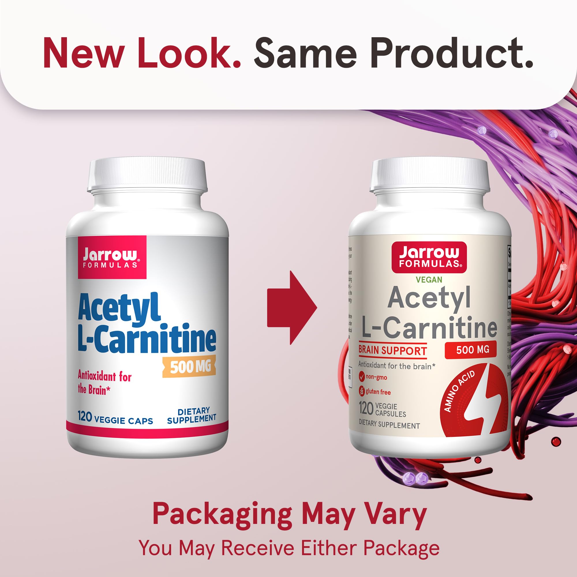 Side angle of Jarrow Formulas Acetyl L-Carnitine bottle displaying the comprehensive supplement facts and allergy-free ingredient information clearly.