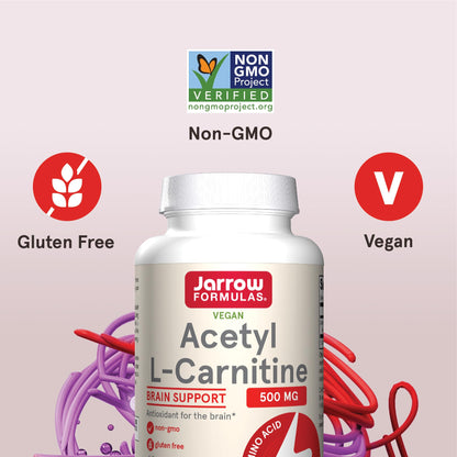 Jarrow Formulas Acetyl L-Carnitine packaging emphasizing its non-GMO and gluten-free formula for safe everyday cellular energy enhancement.