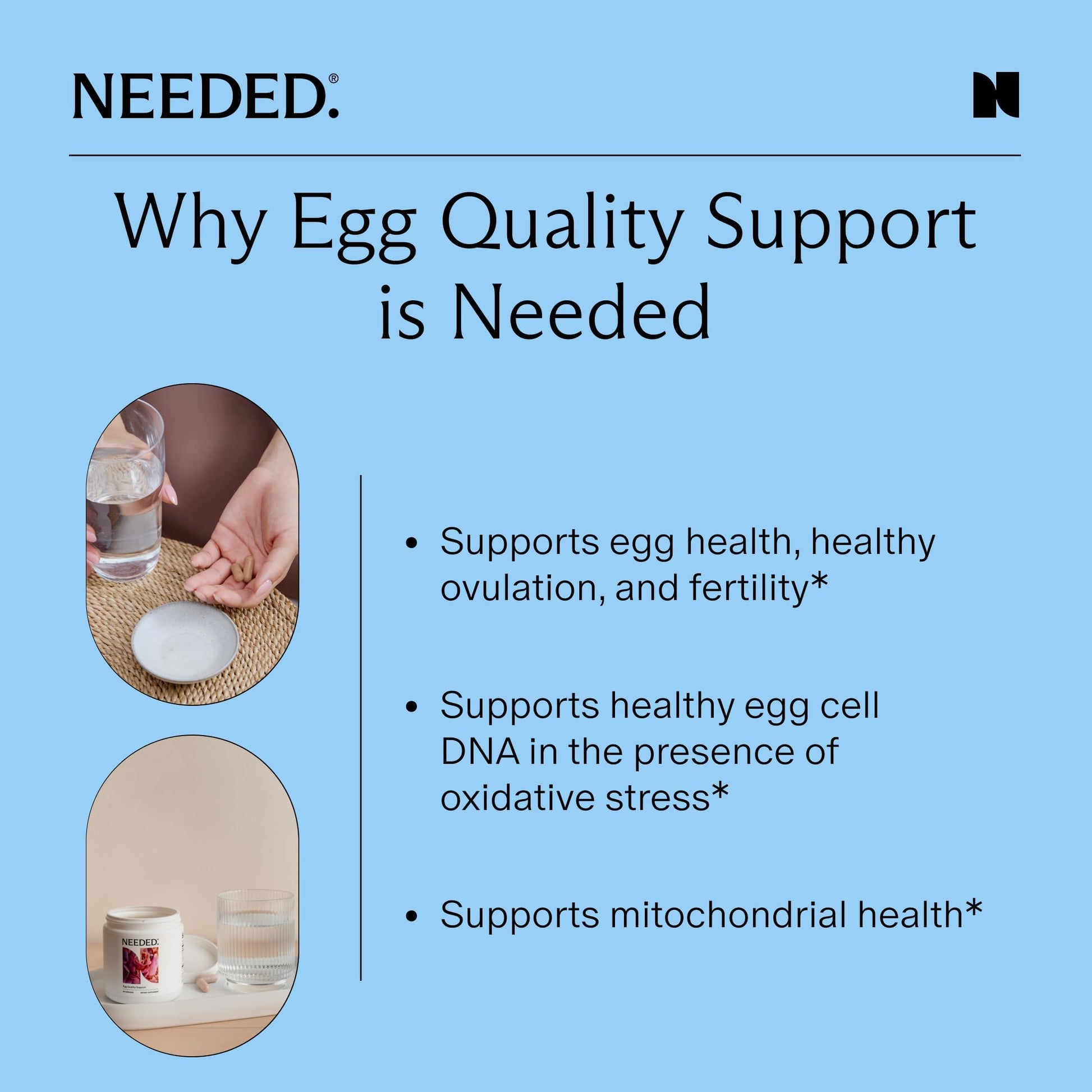 Needed Egg Quality Support thirty day supply bottle showcasing original imported packaging graphics.