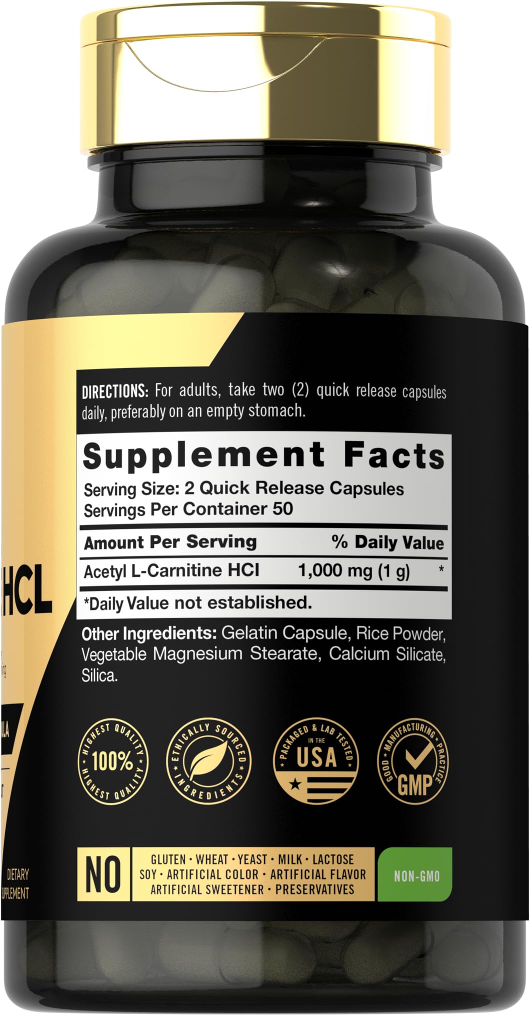 Carlyle Acetyl L-Carnitine HCL 1000mg 100 capsules side panel showing clean ingredient facts and non-GMO logo