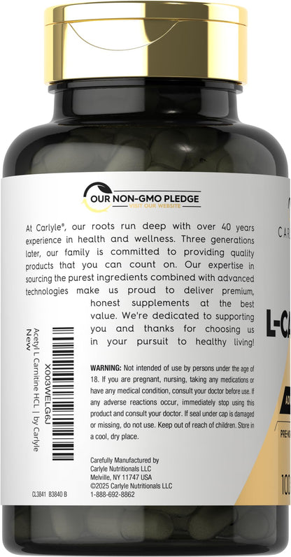 Carlyle Acetyl L-Carnitine HCL 1000mg advanced athlete formula capsule size visual and supplement facts list
